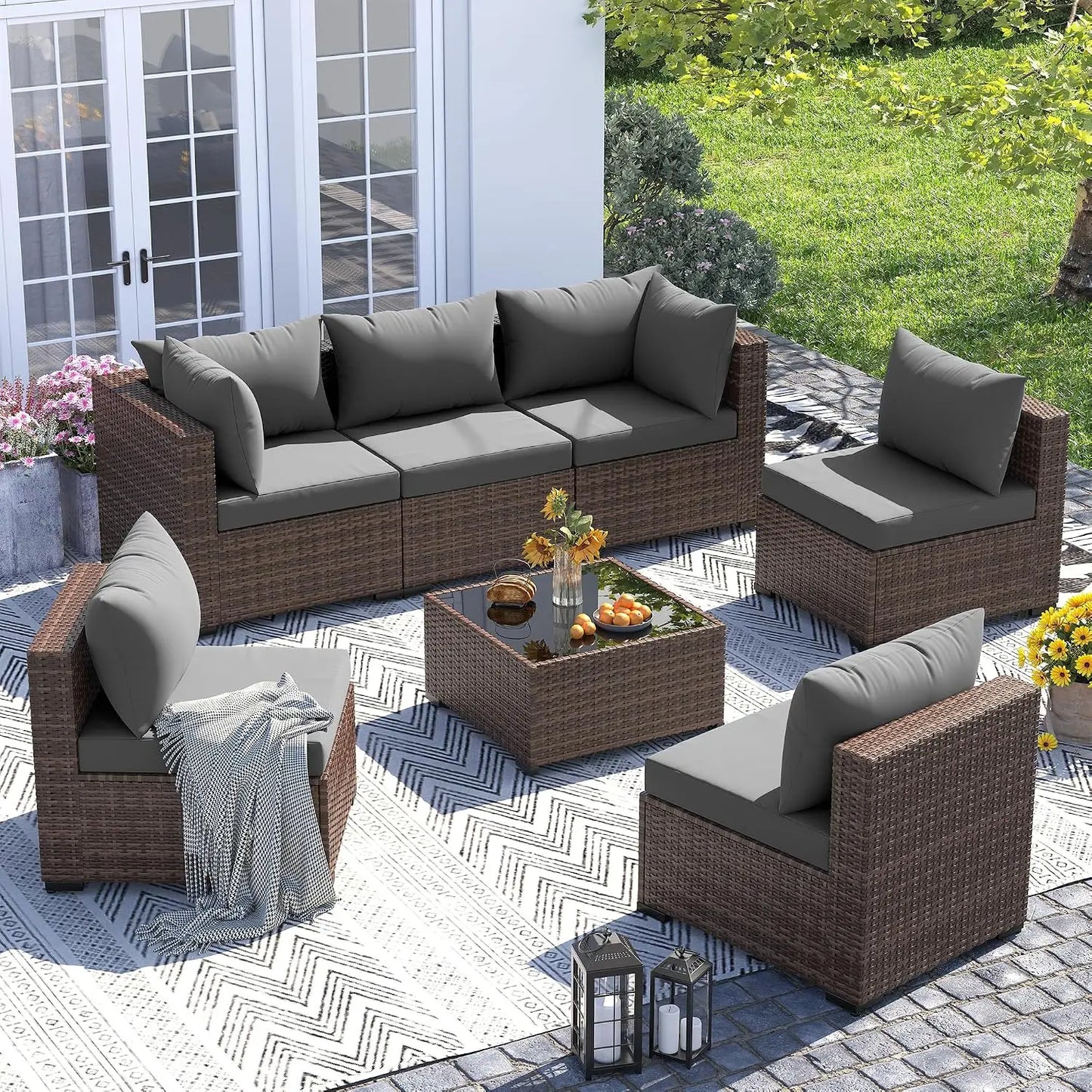 Furniture Set, 7 Piece Sectional Sofas with Wicker Coffee Table, Conversation for Garden, Backyard, Dark Grey, Customized