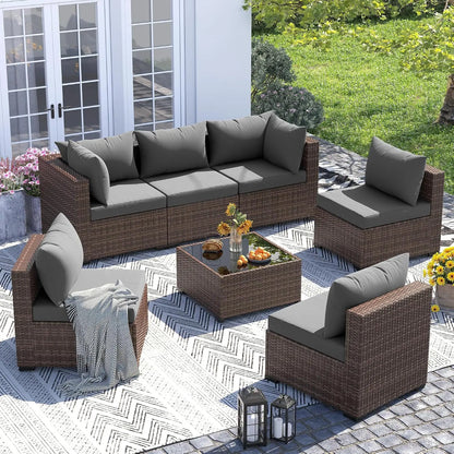 Furniture Set, 7 Piece Sectional Sofas with Wicker Coffee Table, Conversation for Garden, Backyard, Dark Grey, Customized