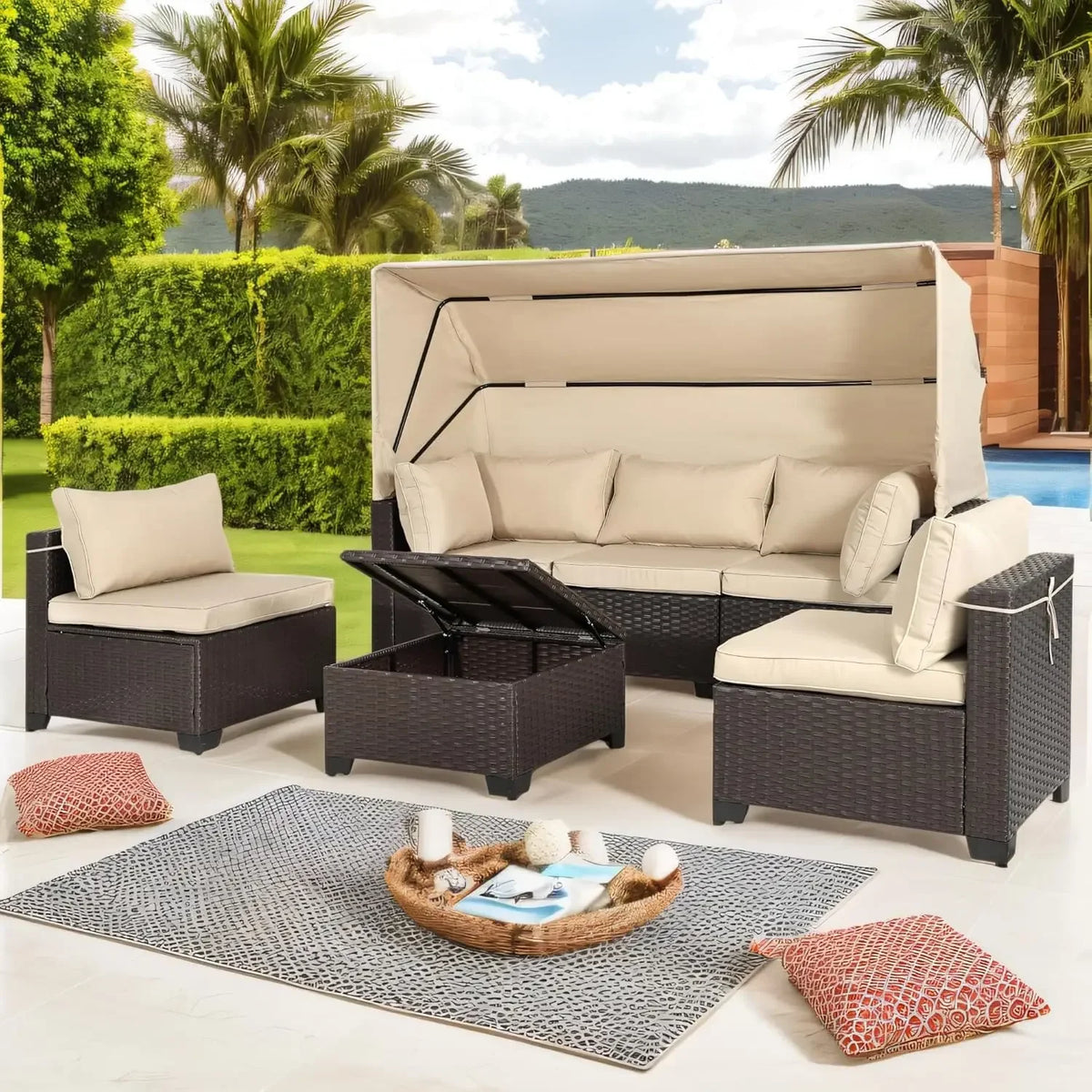 Y 6 Pieces Patio Daybed with Retractable Canopy, Patio Furniture Sets Outdoor Wicker Sectional Sofa Set Seating Chairs