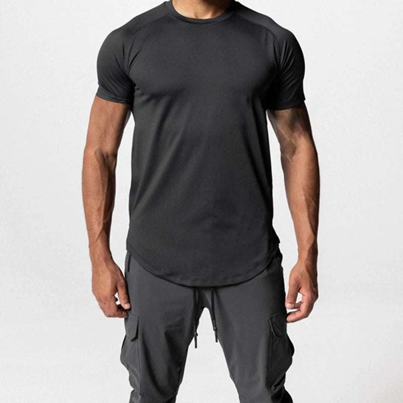 Men Summer Running Shirt Casual Solid Color Round Neck Quick-Drying Short Sleeve Athletic Tops for Streetwear