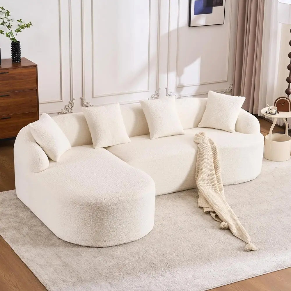 Curved Sectional Sofa, Oversized L-Shape Deep Seating Cloud Sofa, 4-Seater Chenille Couch with Chaise, Ready to Use, Beige White