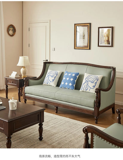 XL retro sofa walnut wood solid wood leather first layer cowhide combination sofa living room furniture