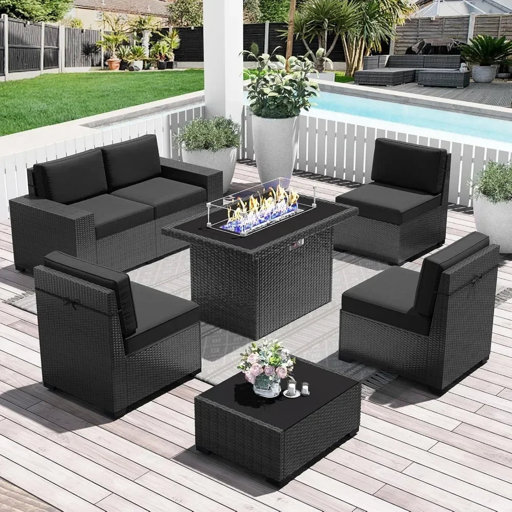 7-Piece Outdoor Patio Furniture with 44-inch Fire Pit Table Rattan Sectional Sofa Conversation Set