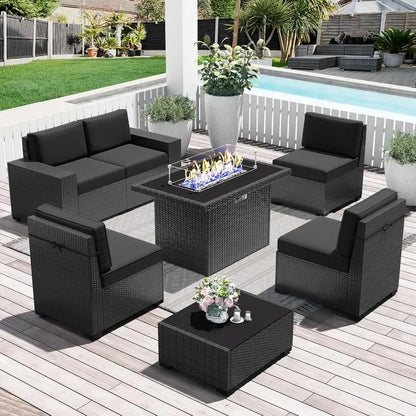 7-Piece Outdoor Patio Furniture with 44-inch Fire Pit Table Rattan Sectional Sofa Conversation Set