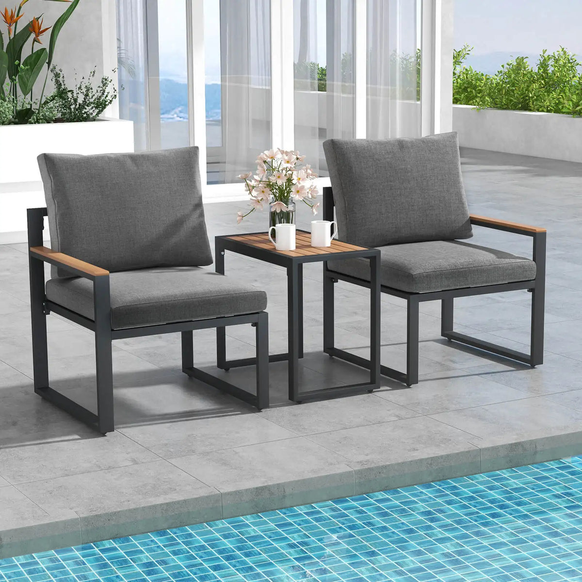 3 PCS Patio Furniture Set with Soft Cushions Aluminum Frame Weatherproof Outdoor