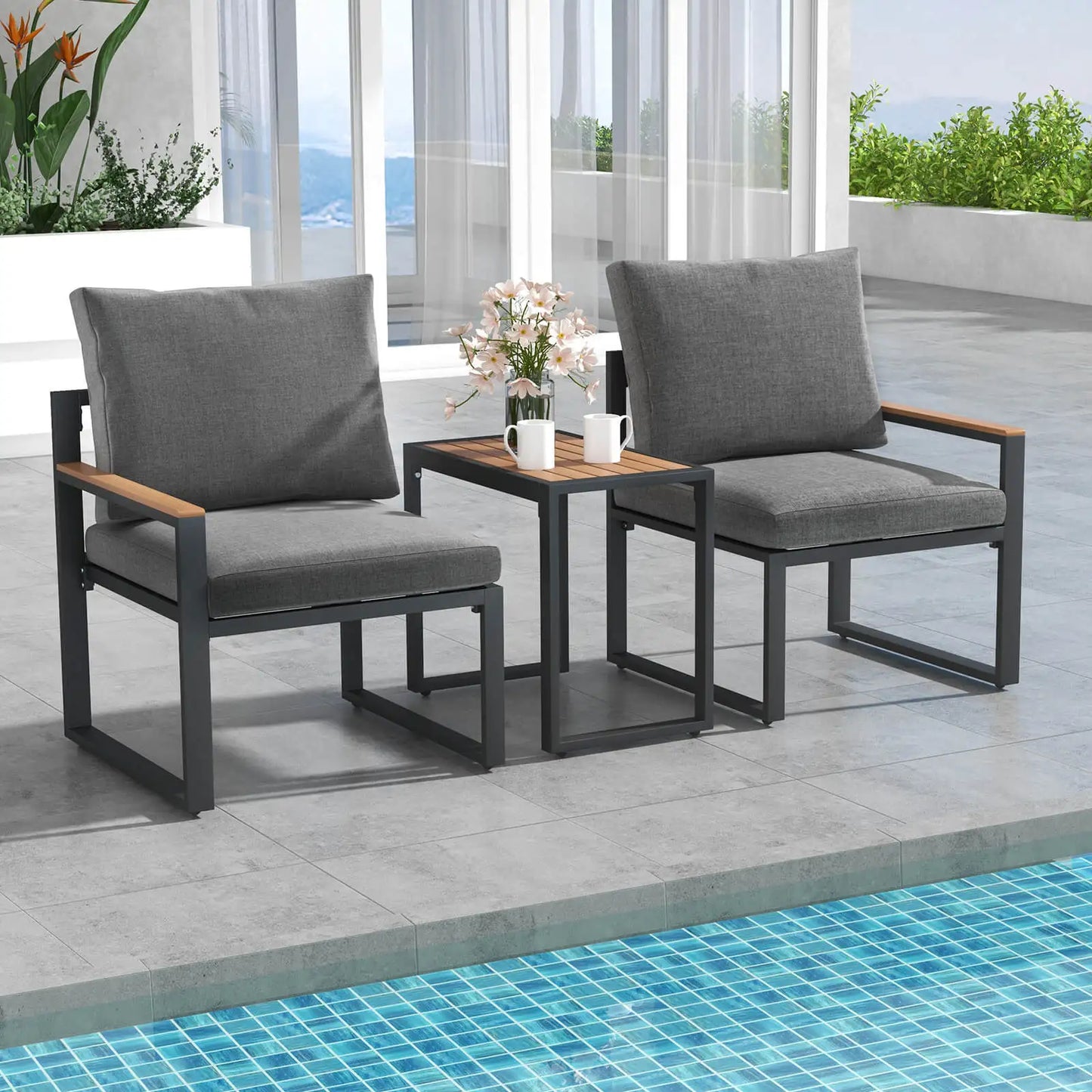 3 PCS Patio Furniture Set with Soft Cushions Aluminum Frame Weatherproof Outdoor