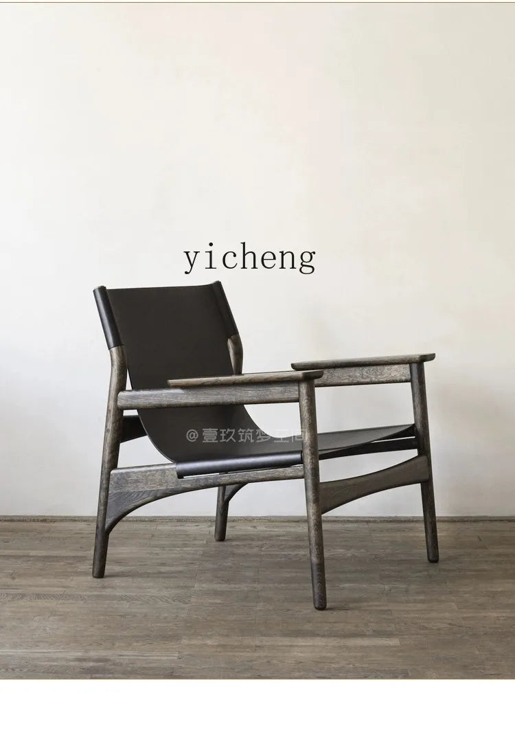 TQQ single solid wood leisure sofa chair living room saddle leather backrest balcony modern small apartment