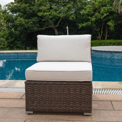 Outdoor Furniture Addon Armless Chair for Expanding Wicker Sectional Sofa Set w Off White Thick Cushions for Garden, Pool, Backy
