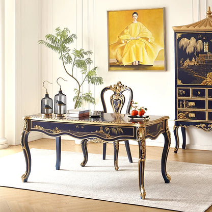 Royal Blue Hand-Painted Solid Wood French-Chinese Dining Set Dining & Study Dual Use