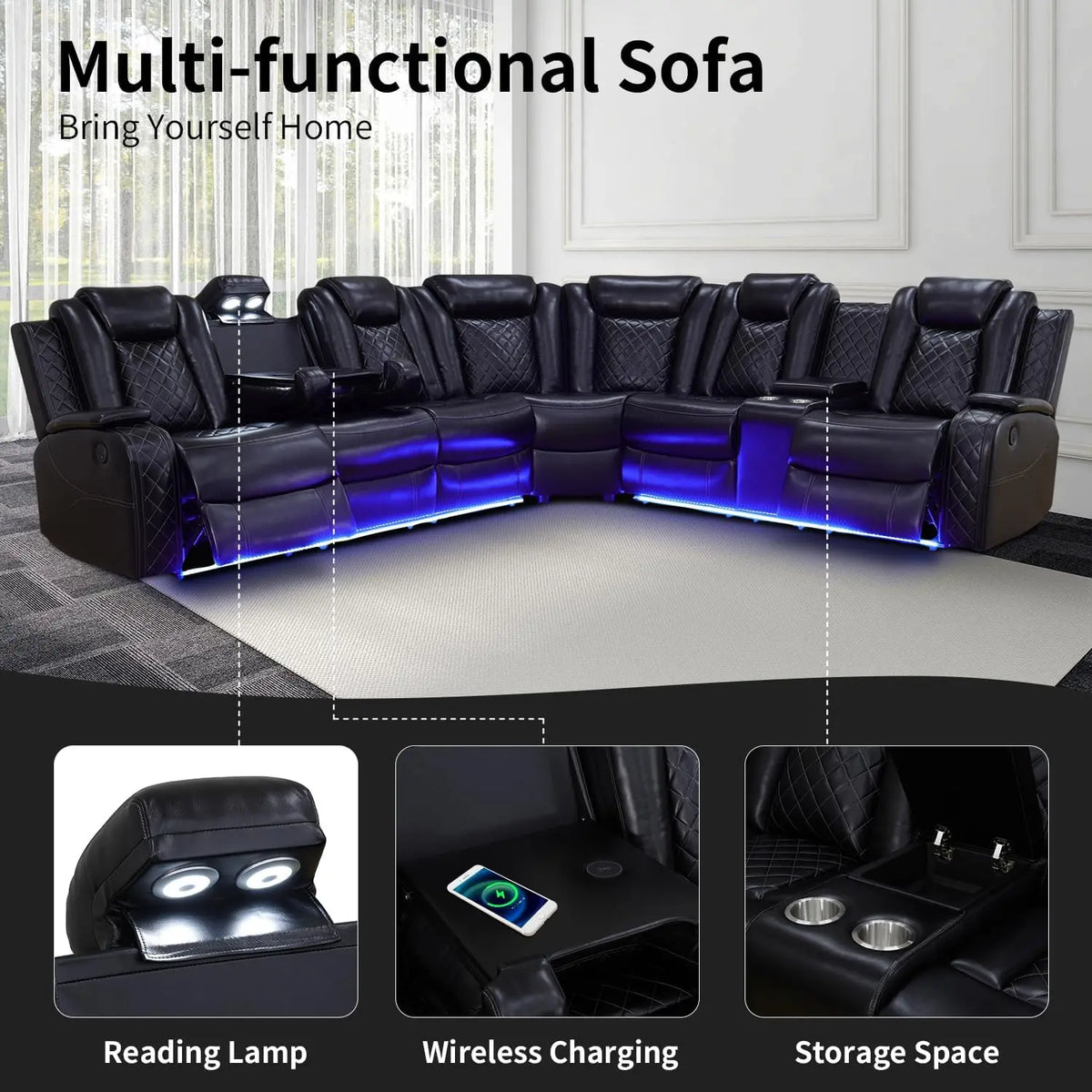 Recliner Leather Sofa Sectional Couches with LED Light for Living Room, Reclining Corner Sectional Sofa with Storage
