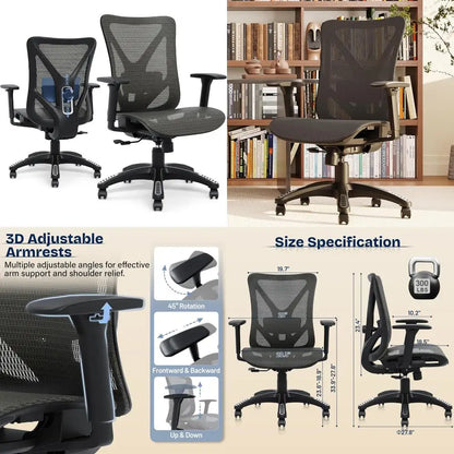 Adjustable Ergonomic Office Chair with Mesh Seat, Lumbar Support, 3D Armrests, and Tilt Mechanism