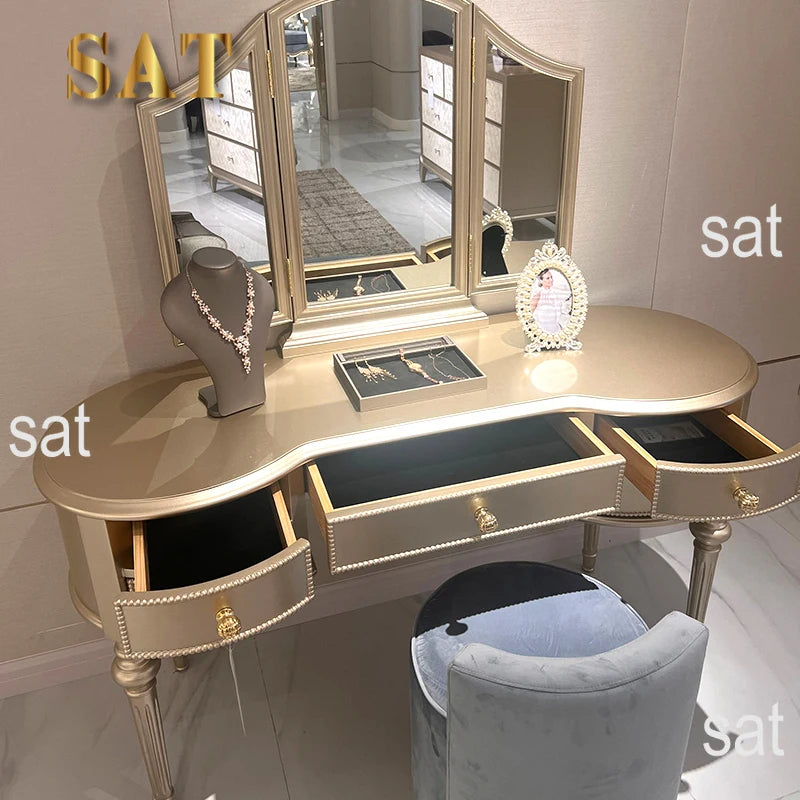 Luxury Custom Solid Wood Dressing Table With Extendable Vanity Desk & Mirror European & American Style