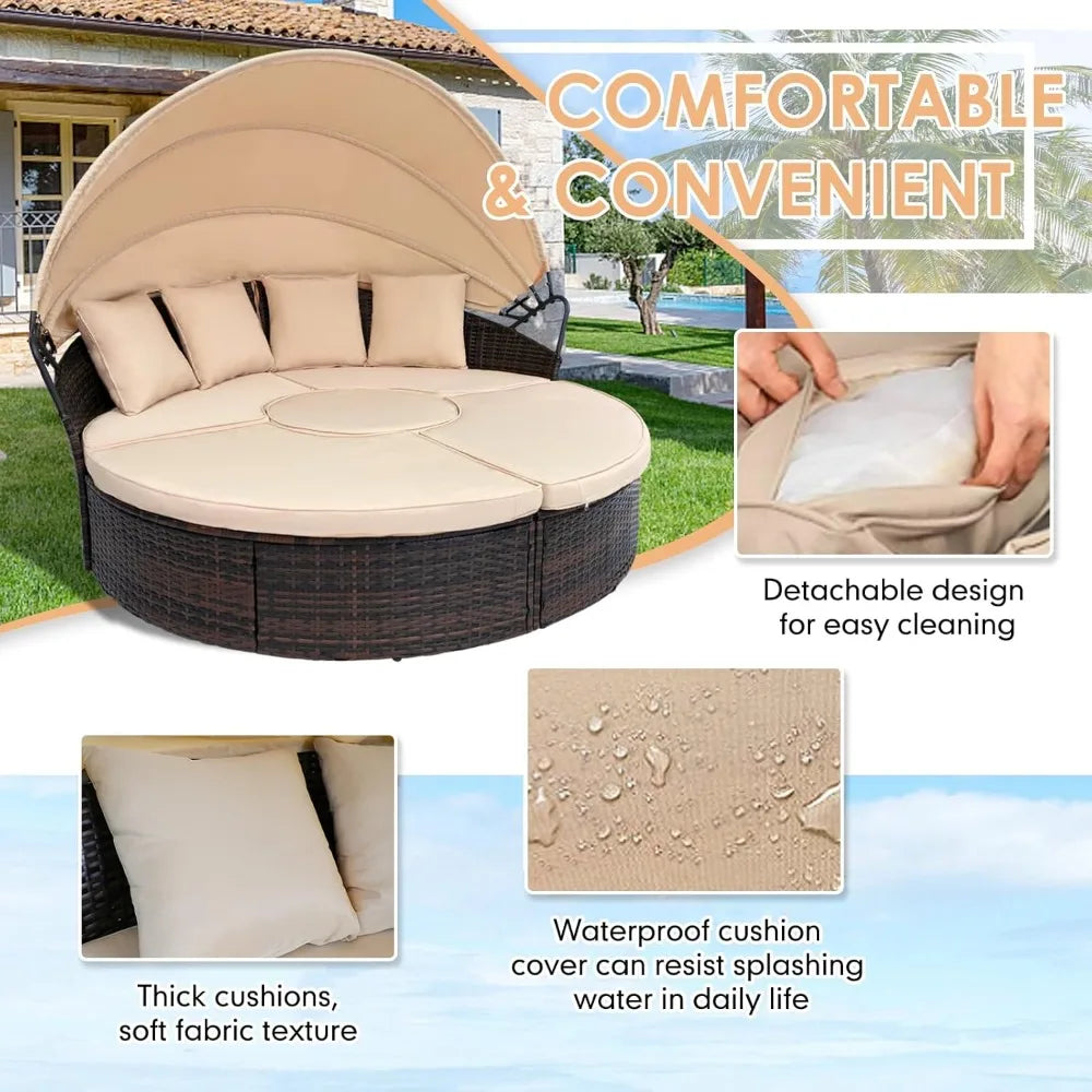 Terrace Circular Sofa Bed with  Canopy, Brown Wicker Furniture