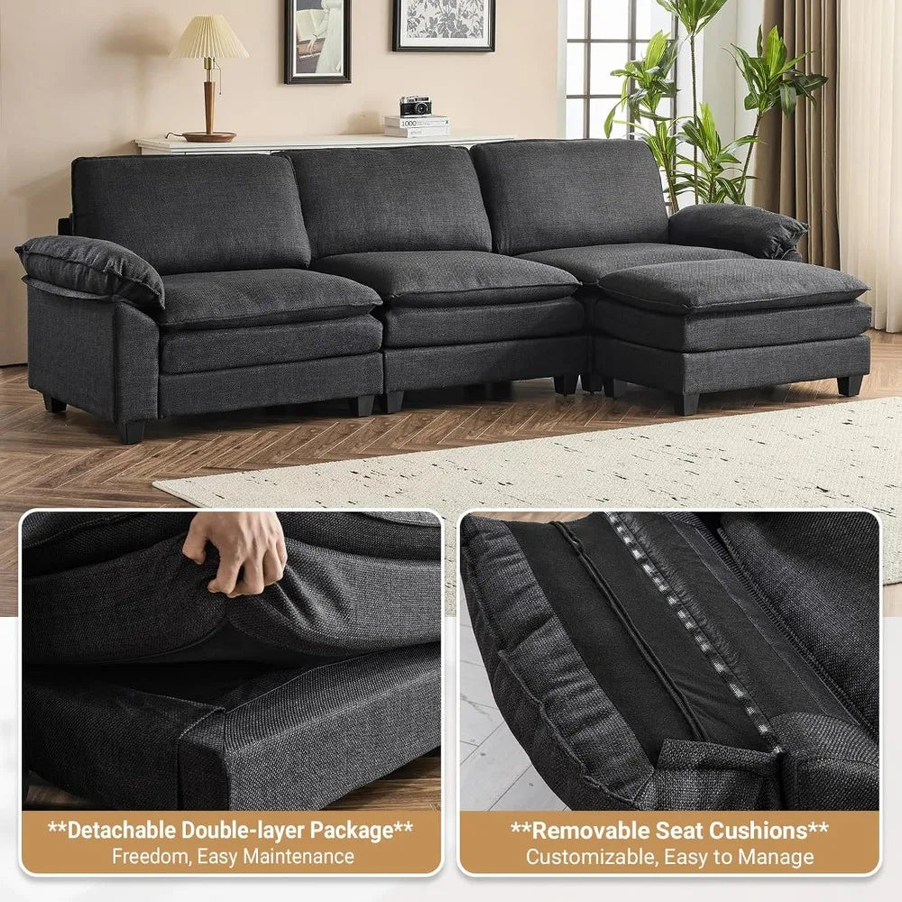 121 Inch Cloud Couch Comfortable Modular Sectional Sofa For Living Room Modern Linen 3-seat Convertible Loveseat Sofa Apartment