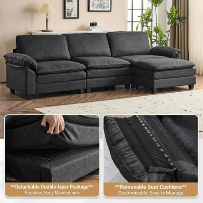 121 Inch Cloud Couch Comfortable Modular Sectional Sofa For Living Room Modern Linen 3-seat Convertible Loveseat Sofa Apartment