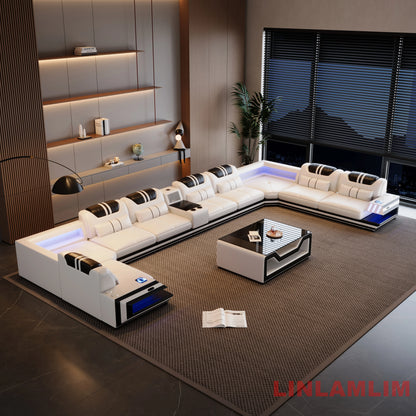 Convertible Genuine Leather Sectional Sofa Bed with Adjustable Headrests, Electric Recliners, Storage, Speakers, USB & LED Light