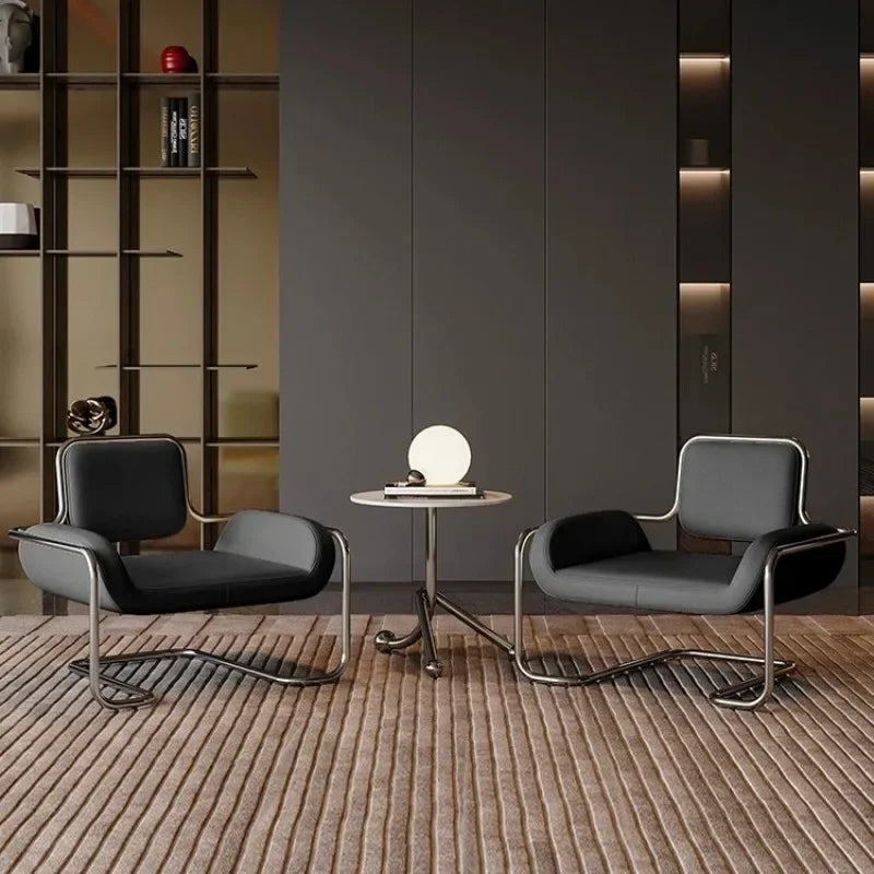 Bauhaus Style Leather Accent Chair Stainless Steel Frame Modern Lounge Chair for Living Room Office Reception