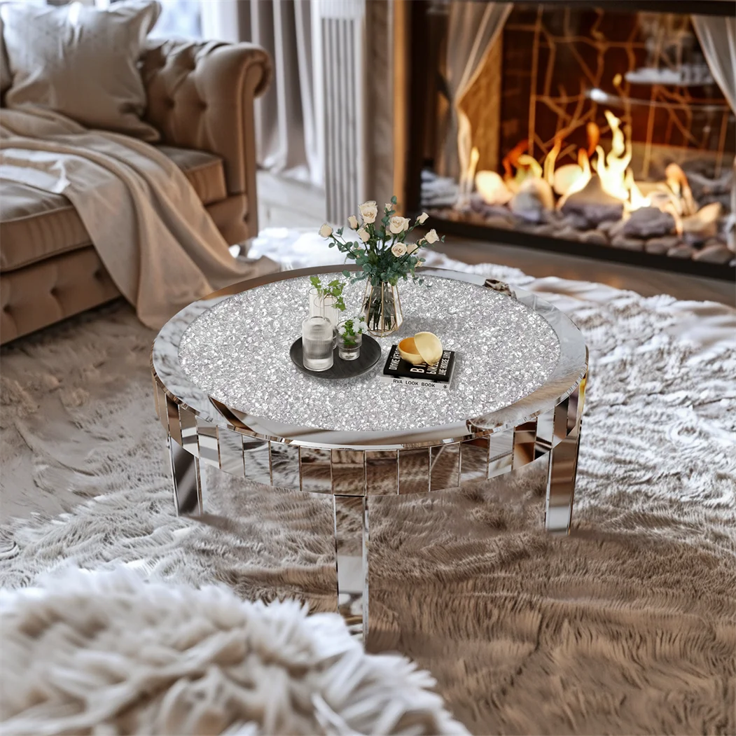 Luxury Coffee Table 80CM Round Mirrored Center Table with Crystal Diamonds, Inlay Accent Side Table for Living Room, Bedroom