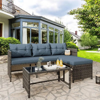 3-Piece Outdoor Patio Furniture Set with Glass Table and Cushions, All-Weather Wicker Rattan Sofa in Blue Grey