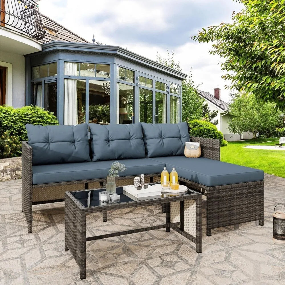 3-Piece Outdoor Patio Furniture Set with Glass Table and Cushions, All-Weather Wicker Rattan Sofa in Blue Grey
