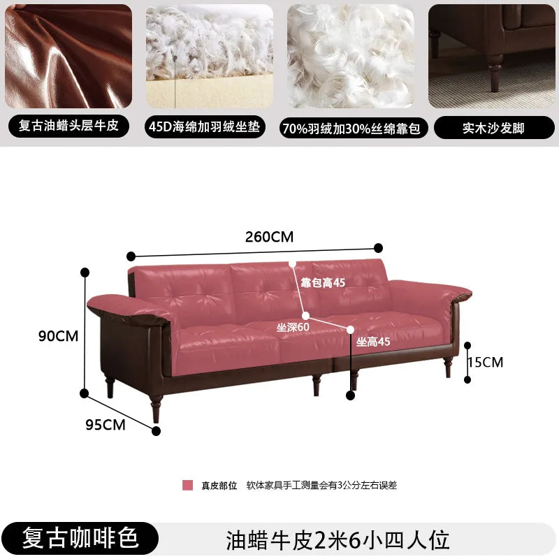 Customizable American sofa Italian retro oil wax leather straight row steel frame down medium ancient Nanyang style first layer