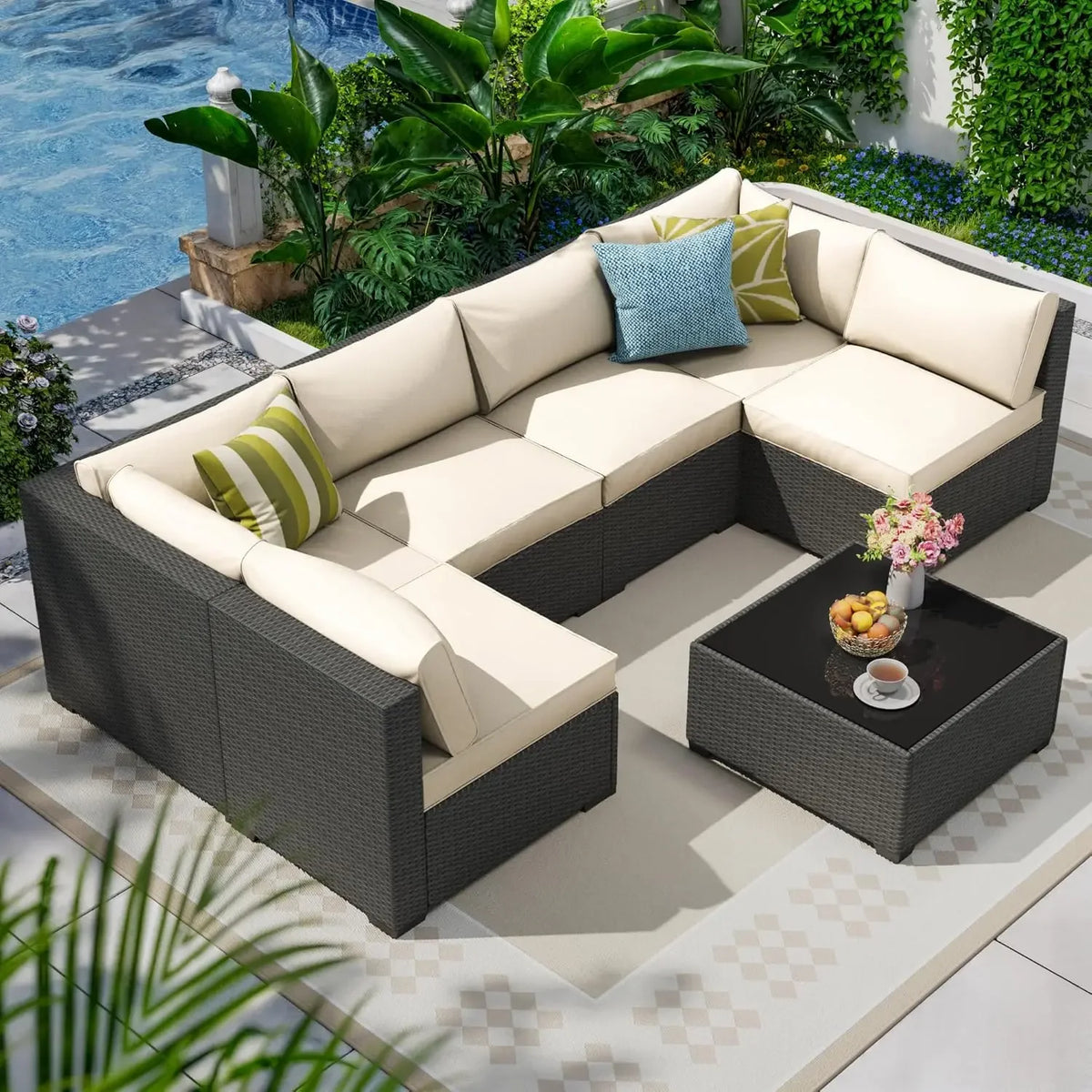 Seven Piece Patio Set, Rattan Wicker Sectional Sofa, Modern Modular Conversation Furniture
