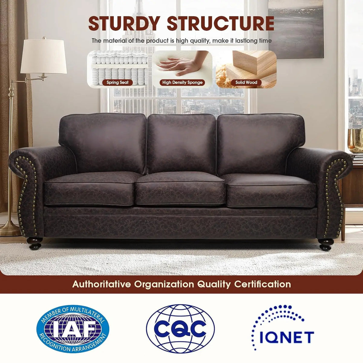 Mid-Century Vintage 3-Seater Sofa Couches Rivet Design Removable Cover Upholstered Cushions Customized Living Room Furniture