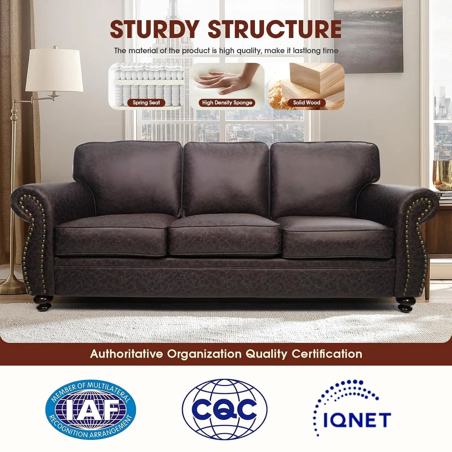 Mid-Century Vintage 3-Seater Sofa Couches Rivet Design Removable Cover Upholstered Cushions Customized Living Room Furniture