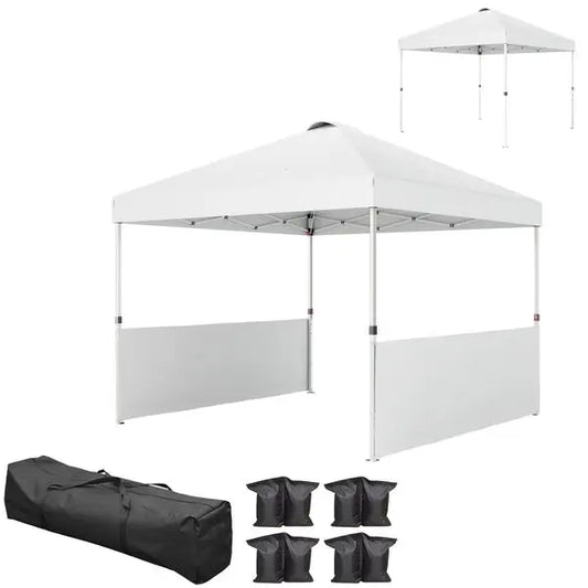 White 10'x10' Pop Up Tent UV50 Sun Protection 2 Half Sidewalls Gazebo with Wheeled Carry Bag Outdoor Use