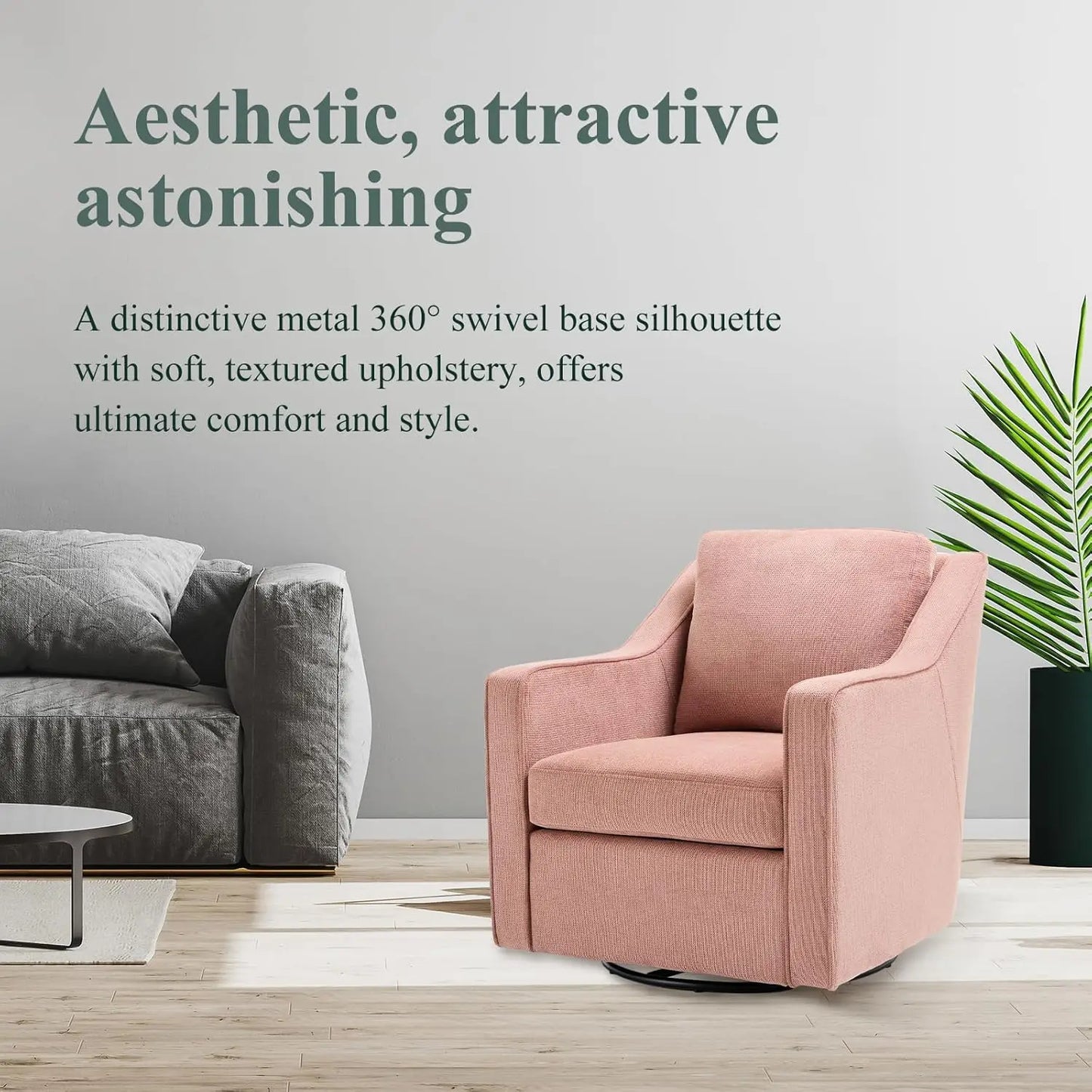 Swivel Accent Chair, 360° Rotation Chenille Fabric Upholstered Leisure Armchair with Lumbar Pillow for Living Room Bedroo