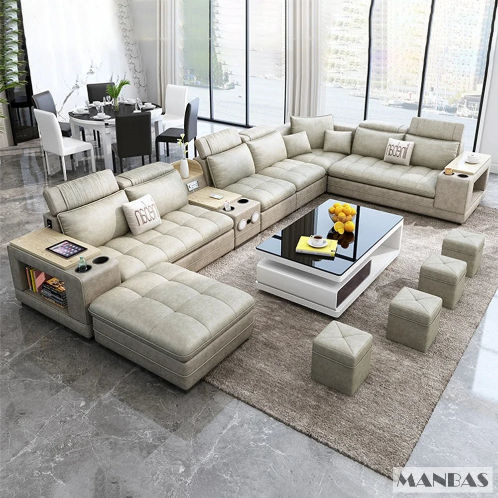 MANBAS Modern U-Shaped Fabric Sectional Sofa Set with Storage, Cup Holders, Speaker, USB, Bookshelf and Stools for Living Room