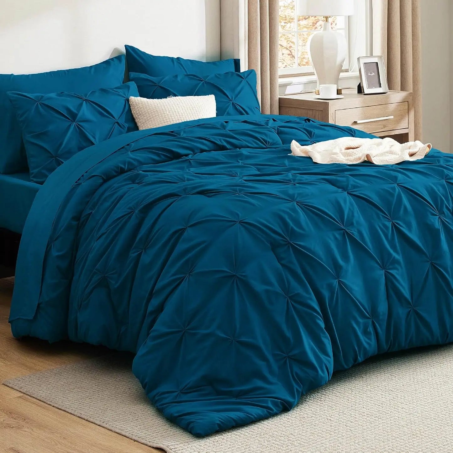 King Size Comforter Set Teal Bed in a Bag King Size 7 Pieces GentleSoft™ Pintuck Bed Set Gift for Family Pinch Pleat Teal Comfor