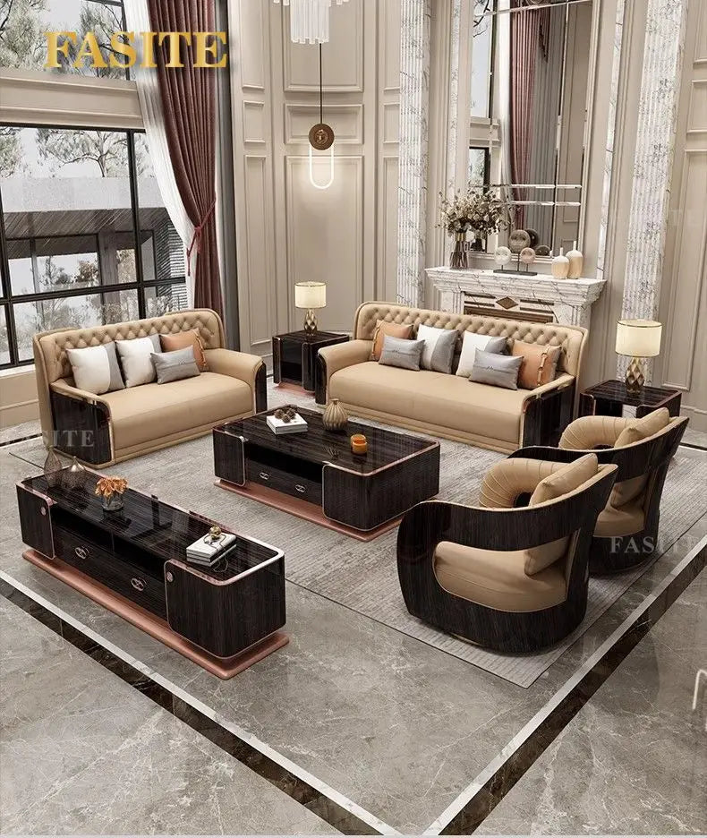 Italian light luxury leather sofa modern high-end straight row villa large flat floor