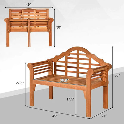 Giantex Outdoor Wood Bench, 4 Ft Foldable Eucalyptus Garden Bench, Two Person Loveseat Chair Solid with Curved Backrest and Armr