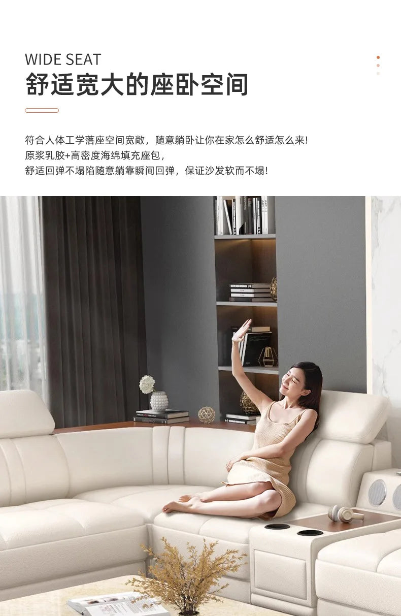 Simple modern leather sofa first layer cowhide living room large corner full set of light luxury leather sofa combination