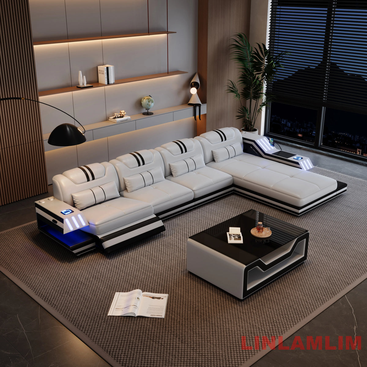 Convertible Genuine Leather Sectional Sofa Bed with Adjustable Headrests, Electric Recliners, Storage, Speakers, USB & LED Light