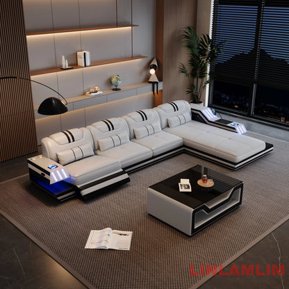 Convertible Genuine Leather Sectional Sofa Bed with Adjustable Headrests, Electric Recliners, Storage, Speakers, USB & LED Light