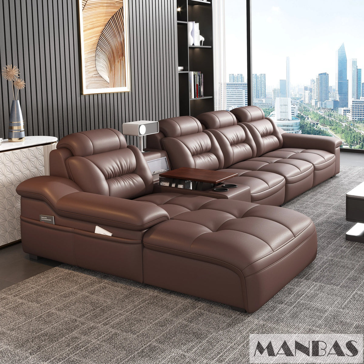 MANBAS Italian Genuine Leather Sectional Sofa with USB Charging, Bluetooth Speaker and Projector - Perfect for Your Living Room