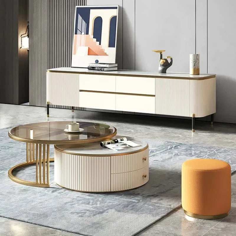 l # Modern Living Room Furniture Gold Base Stainless Steel Coffee Table White Stone Two Pieces Round Coffee Table And Tv Stand