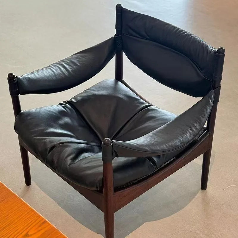 Wooden Living Room Chairs Leather Armchair Aesthetic Vintage Single Person Backrest Chair Luxury Comfortable Lazy Sofa Chair