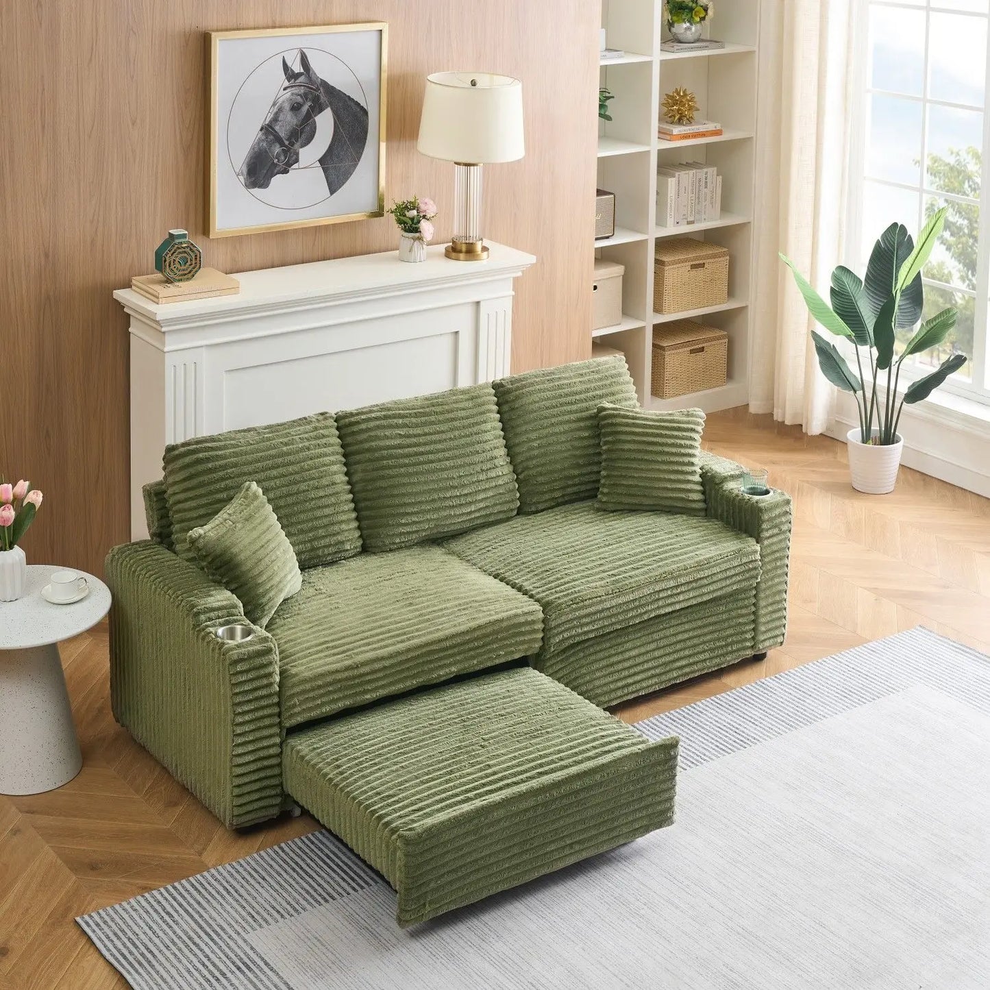 80-Inch Two-in-One Folding Chaise Lounge Corduroy Fabric Hidden Lying Function Cup Holder Pillow Easy-to-Adapt Green for Living