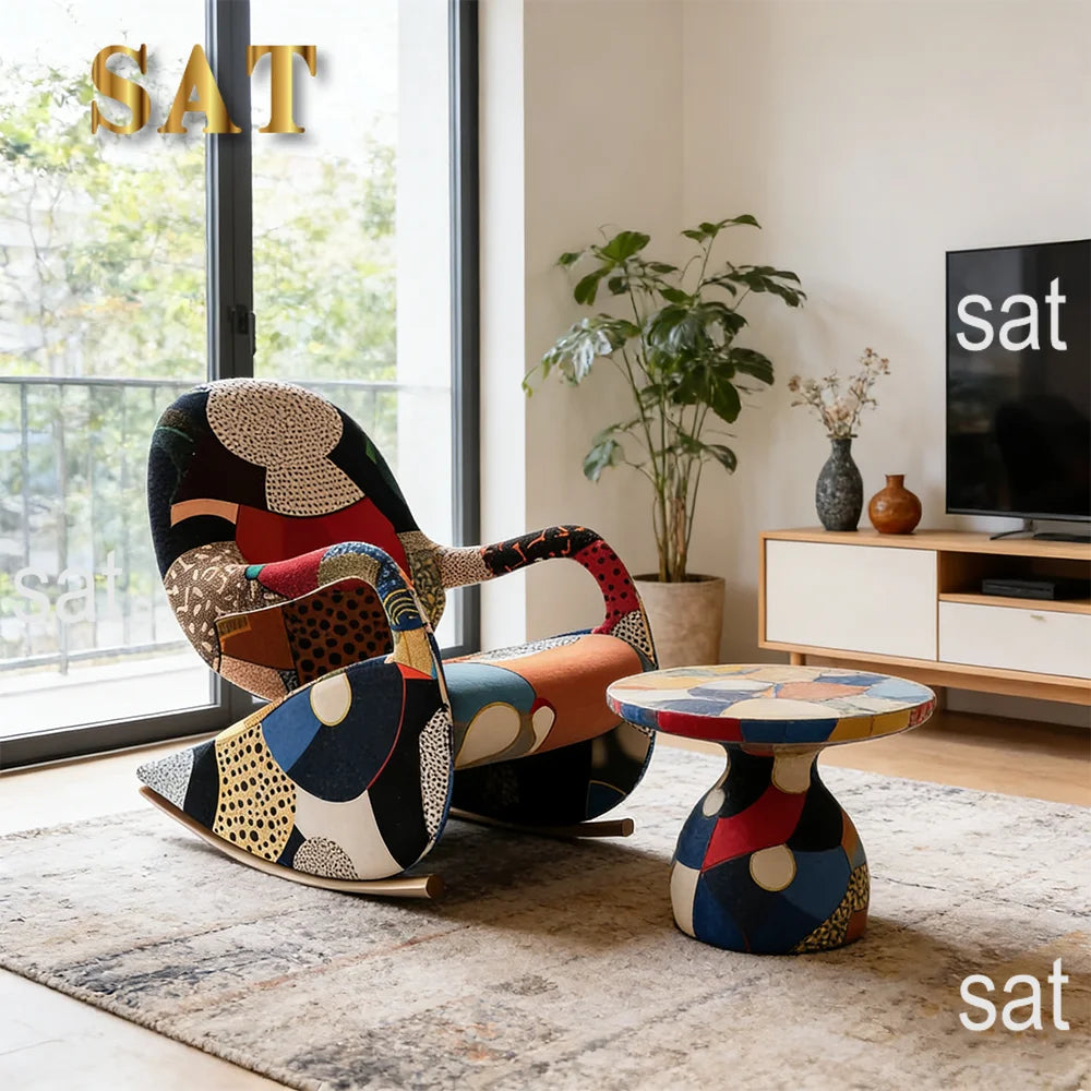 tyModern Patchwork Fabric Rocking Chair With Footrest Upholstered Accent Lounge Armchair for Living Room Bedroom Furniture@