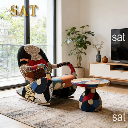 tyModern Patchwork Fabric Rocking Chair With Footrest Upholstered Accent Lounge Armchair for Living Room Bedroom Furniture@