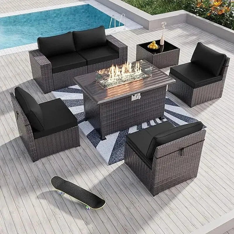 Outdoor Patio Furniture Set with 43" Gas Propane Fire Pit Table and Wicker Rattan Sectional Sofa for Conversation