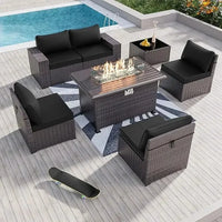 Outdoor Patio Furniture Set with 43" Gas Propane Fire Pit Table and Wicker Rattan Sectional Sofa for Conversation