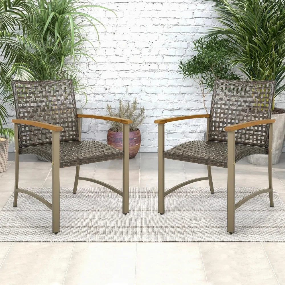 Patio Dining Chairs Set of 4, Outdoor PE Wicker & Heavy-Duty Metal Chairs with Acacia Wood Armrests, Outdoor Rattan Armchairs f