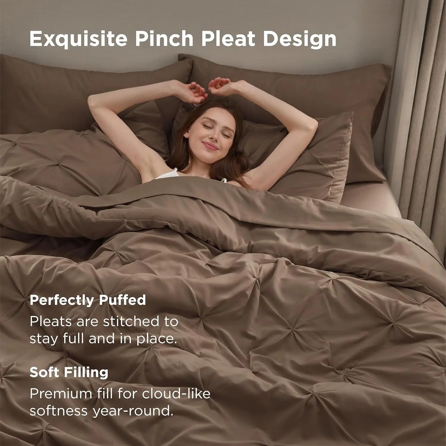 Full Comforter Set Brown Bed in a Bag Full Size 7 Pieces GentleSoft™ Pintuck Bed Set Gift for Family Pinch Pleat Brown Comforter