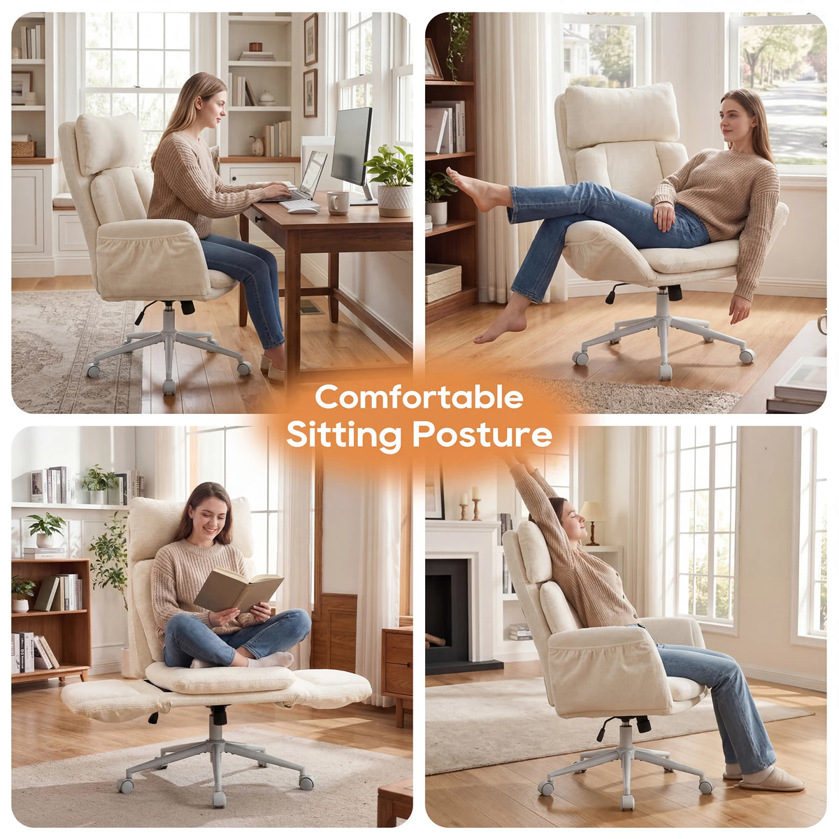 TCGBKAF Beige Big&Tall Office Chair with Flip Armrests Cross Legged Office Chair with Wheels Soft Chenille Executive Chair with Adjustable Lumbar Support Ergonomic Computer Desk Chair