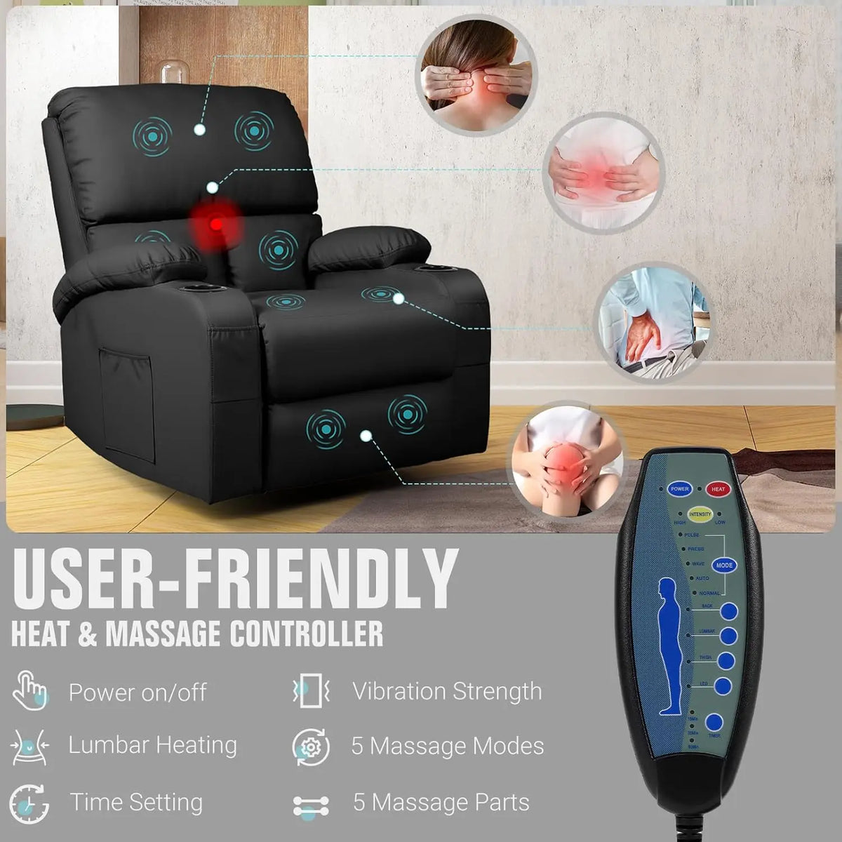 Rocking Recliner Chair, Massage Rocker Recliner Chair with Vibration Massage and Heat, 360° Swivel Faux Leather Chairs, Living R