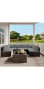 utdoor Rattan Conversation with Coffee Table for Garden Balcony Backyard Poolside (Grey Cushion)
